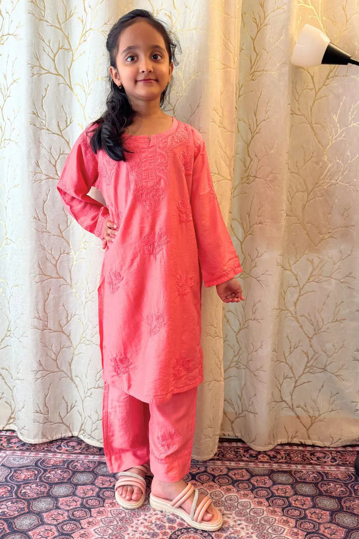 Iqra Kids Chanderi Chikankari Kurti Pant Set
