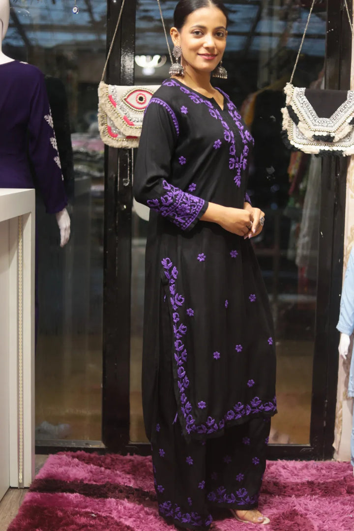 Habiba Rayon 3D Chikankari Designer Black Palazzo Set