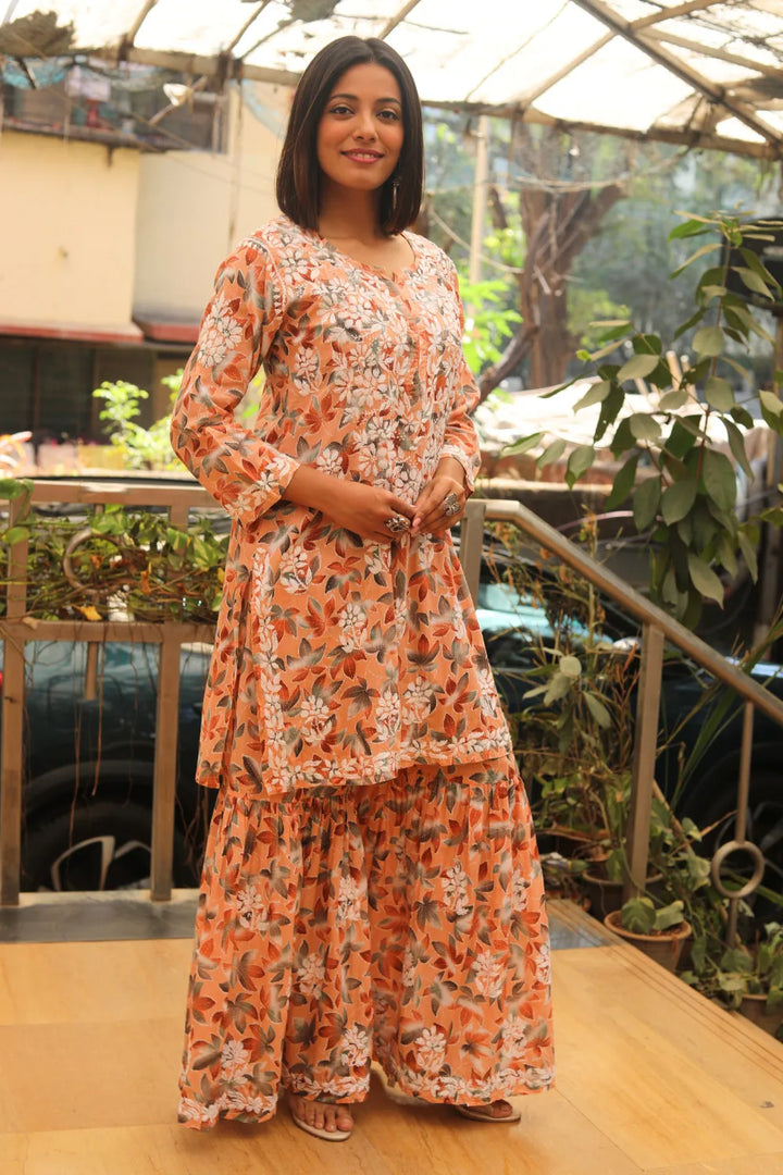 Rukhsaar Printed Mulmul Chikankari Gharara Set