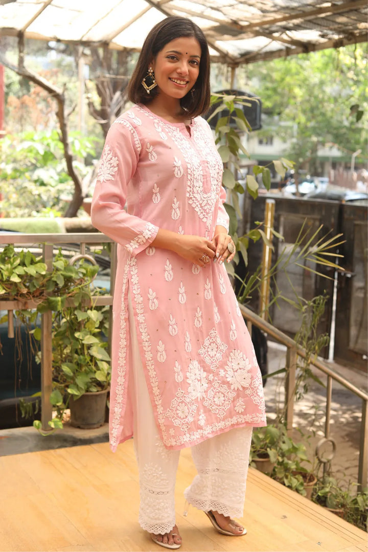 Afsha Chanderi Silk 3D Chikankari And Mukaish Kurti