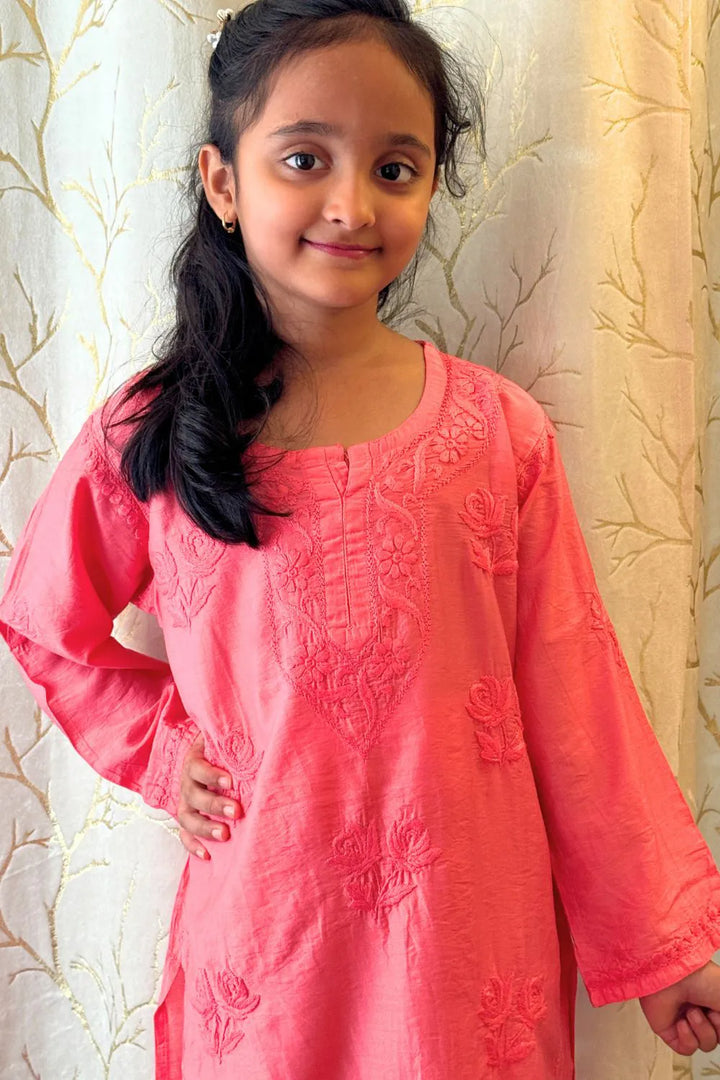 Iqra Kids Chanderi Chikankari Kurti Pant Set