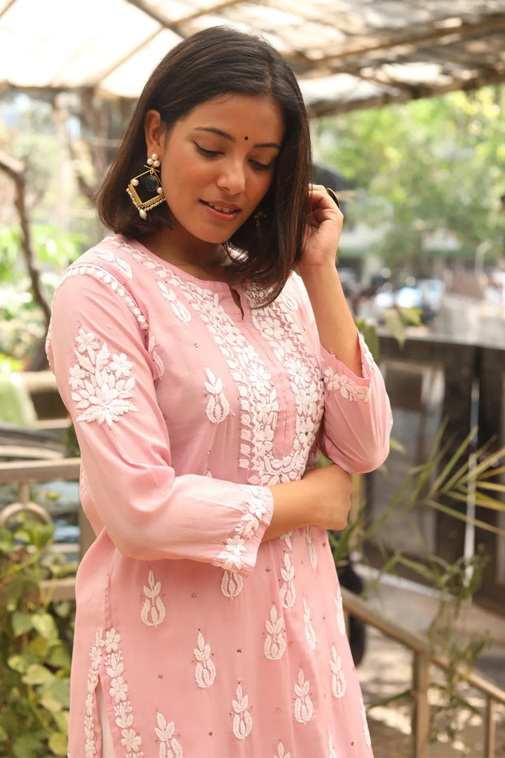 Afsha Chanderi Silk 3D Chikankari And Mukaish Kurti