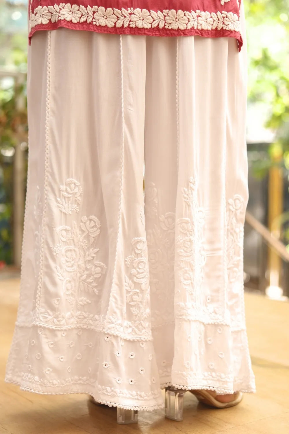 Amani Modal 3D Rose Chikankari White Palazzo