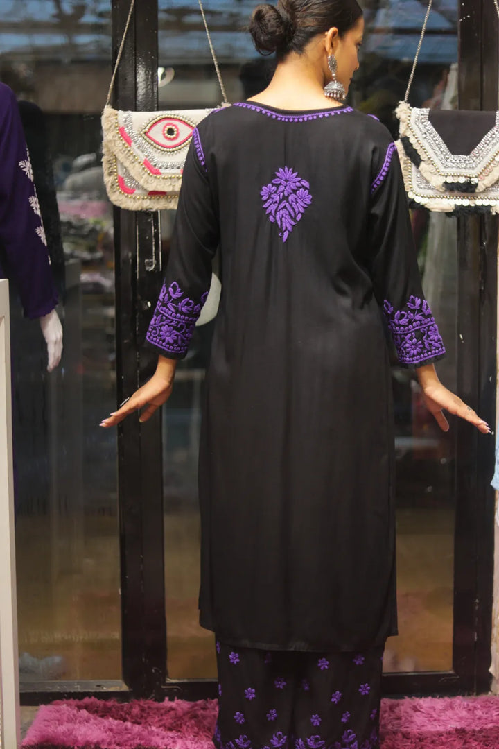 Habiba Rayon 3D Chikankari Designer Black Palazzo Set