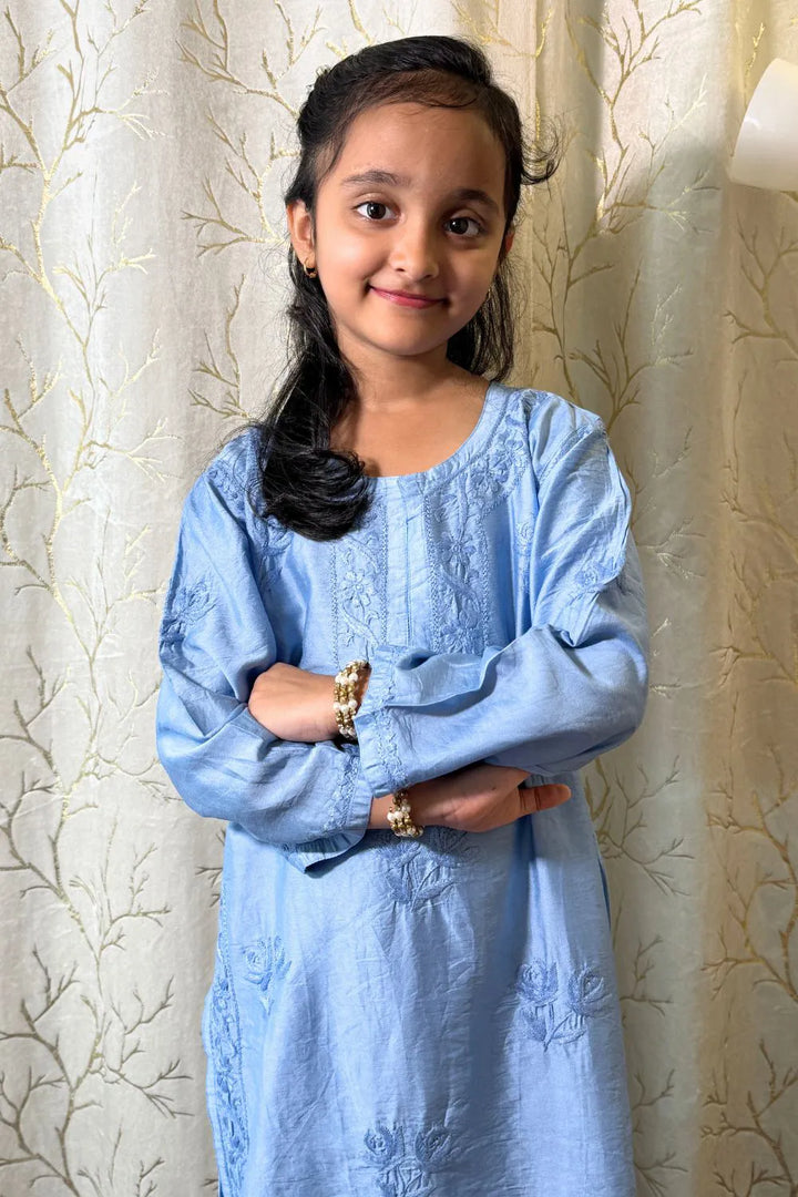 Iqra Kids Chanderi Chikankari Kurti Pant Set