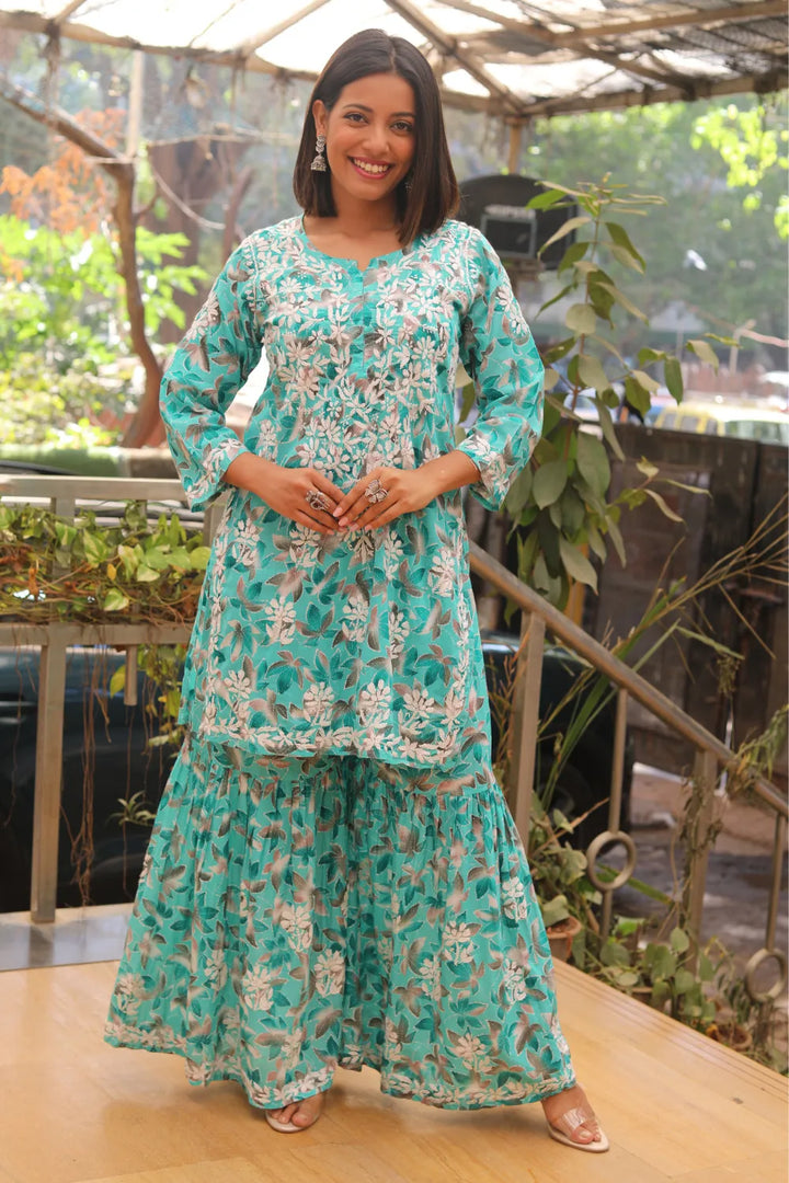 Rukhsaar Printed Mulmul Chikankari Gharara Set