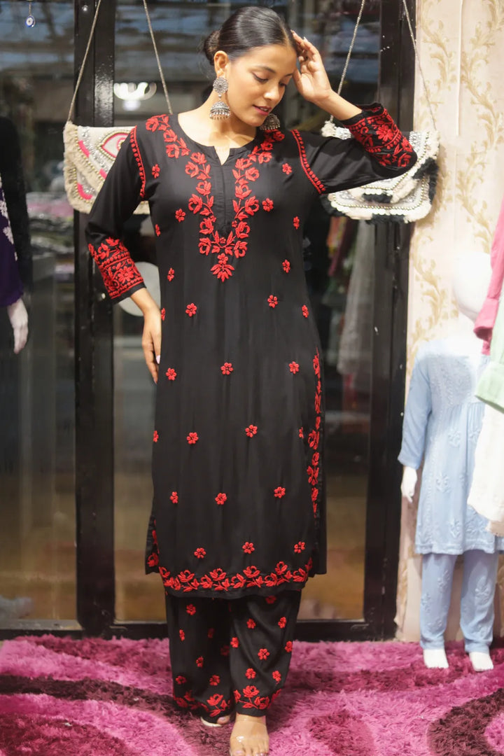 Habiba Rayon 3D Chikankari Designer Black Palazzo Set