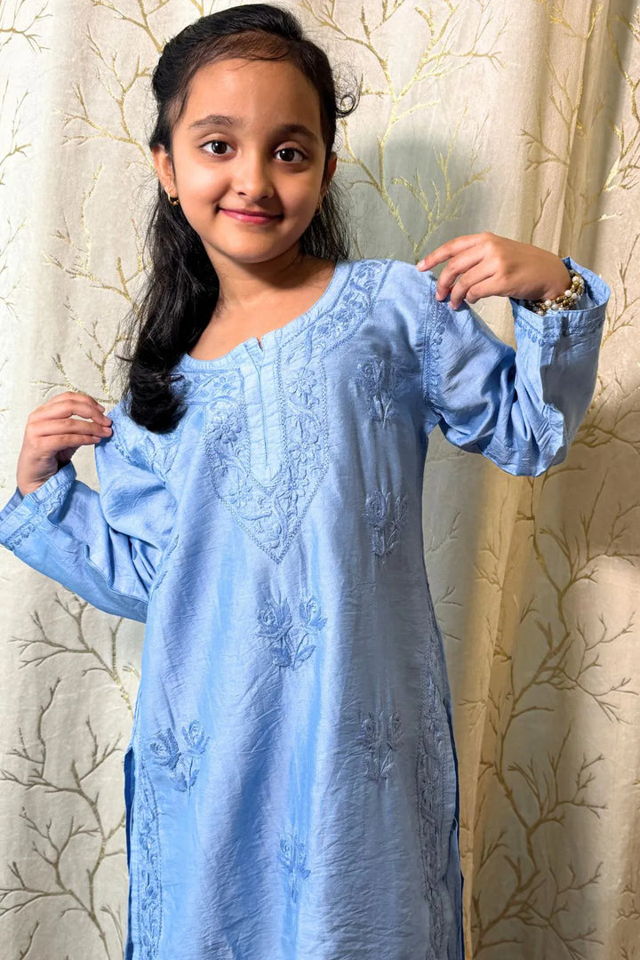 Iqra Kids Chanderi Chikankari Kurti Pant Set