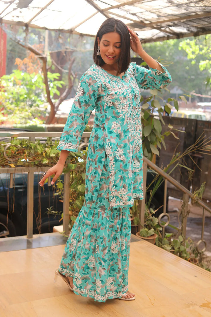 Rukhsaar Printed Mulmul Chikankari Gharara Set