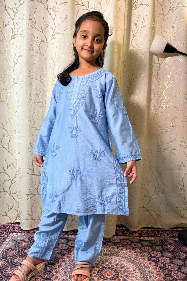 Iqra Kids Chanderi Chikankari Kurti Pant Set