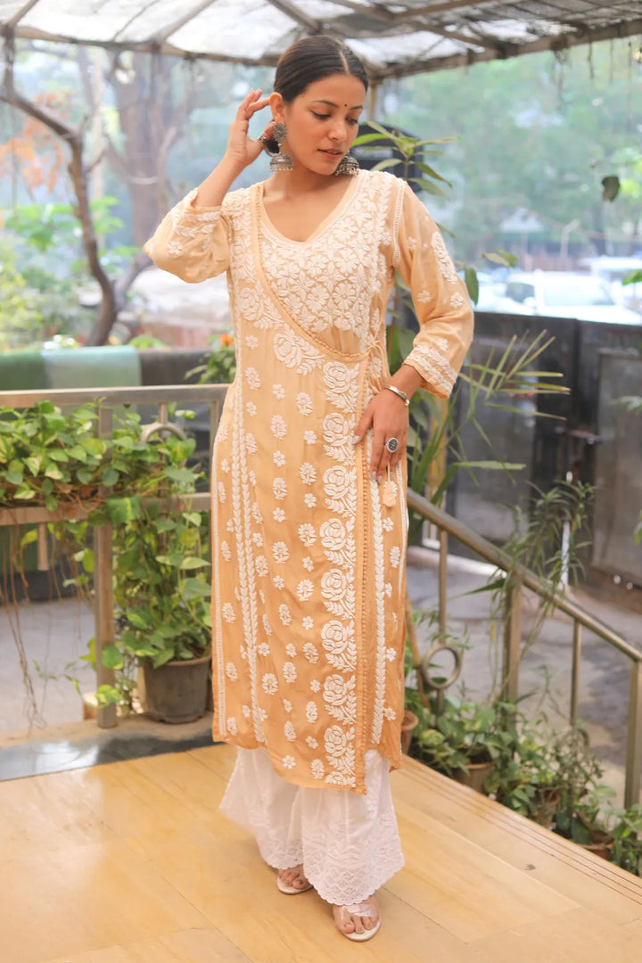 Aya Muslin 3D Chikankari Designer Angrakha Kurti