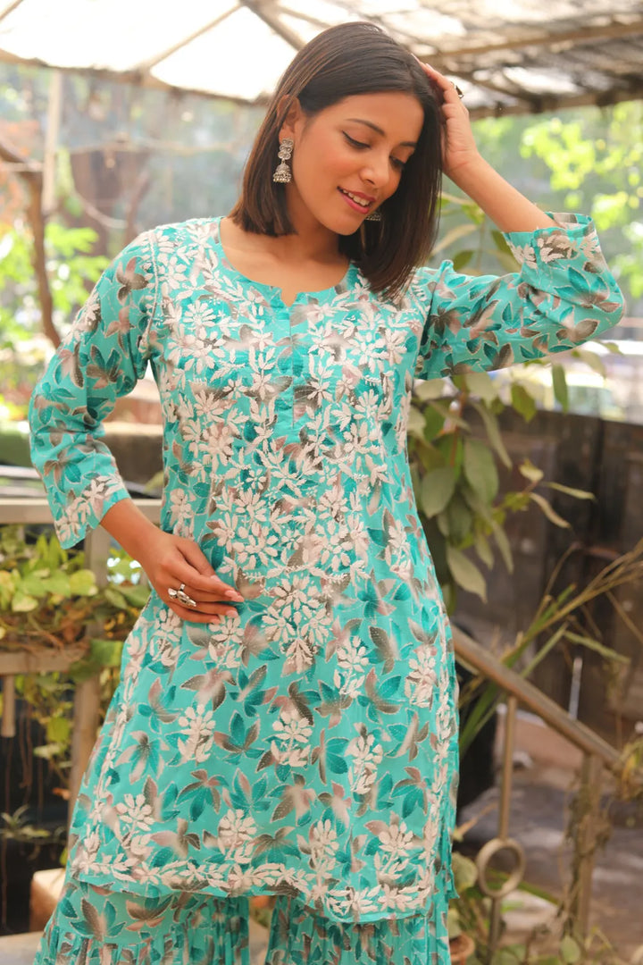 Rukhsaar Printed Mulmul Chikankari Gharara Set