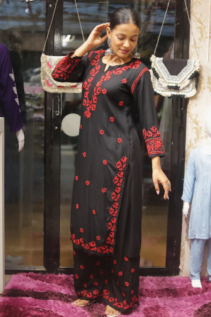 Habiba Rayon 3D Chikankari Designer Black Palazzo Set
