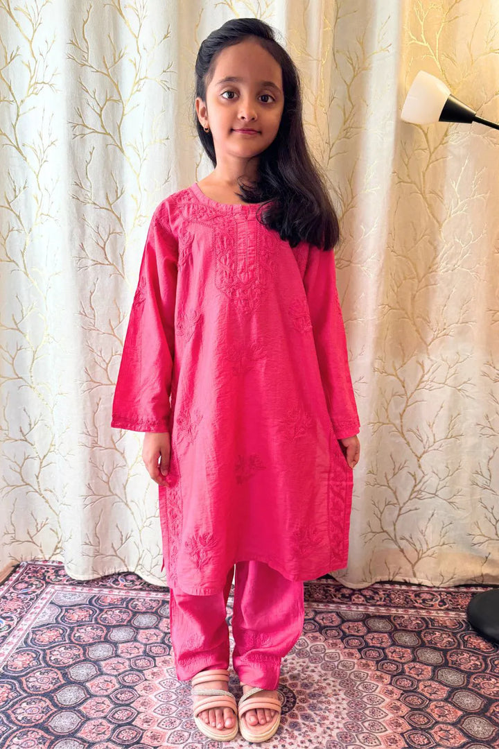 Iqra Kids Chanderi Chikankari Kurti Pant Set