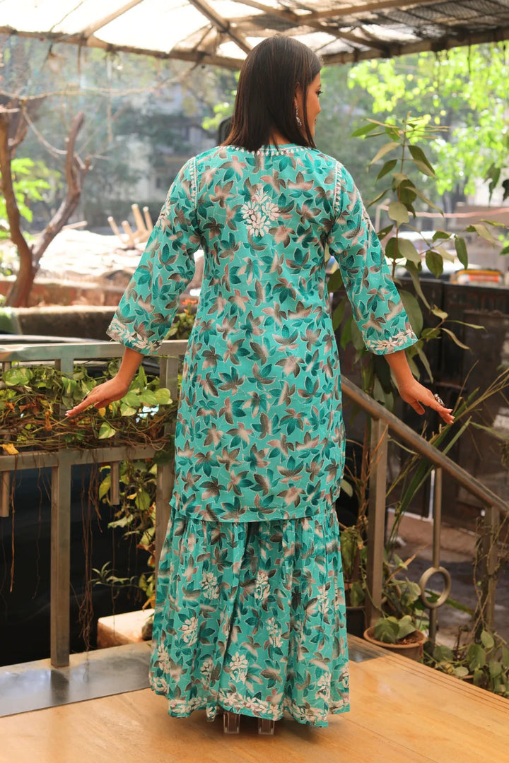 Rukhsaar Printed Mulmul Chikankari Gharara Set
