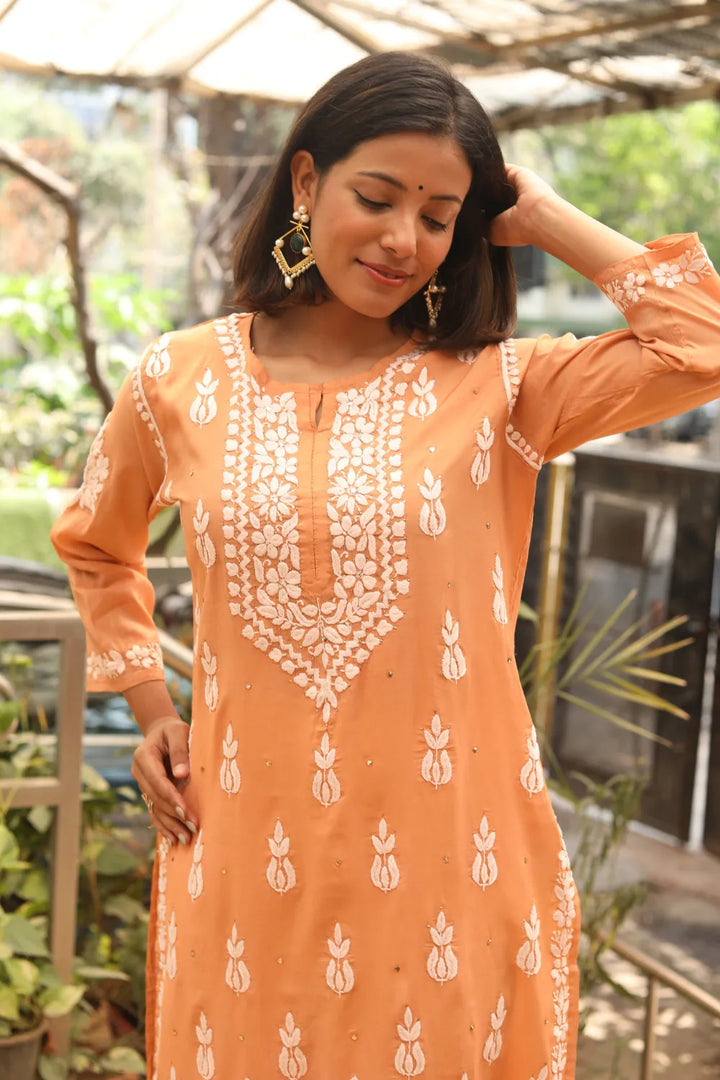 Afsha Chanderi Silk 3D Chikankari And Mukaish Kurti