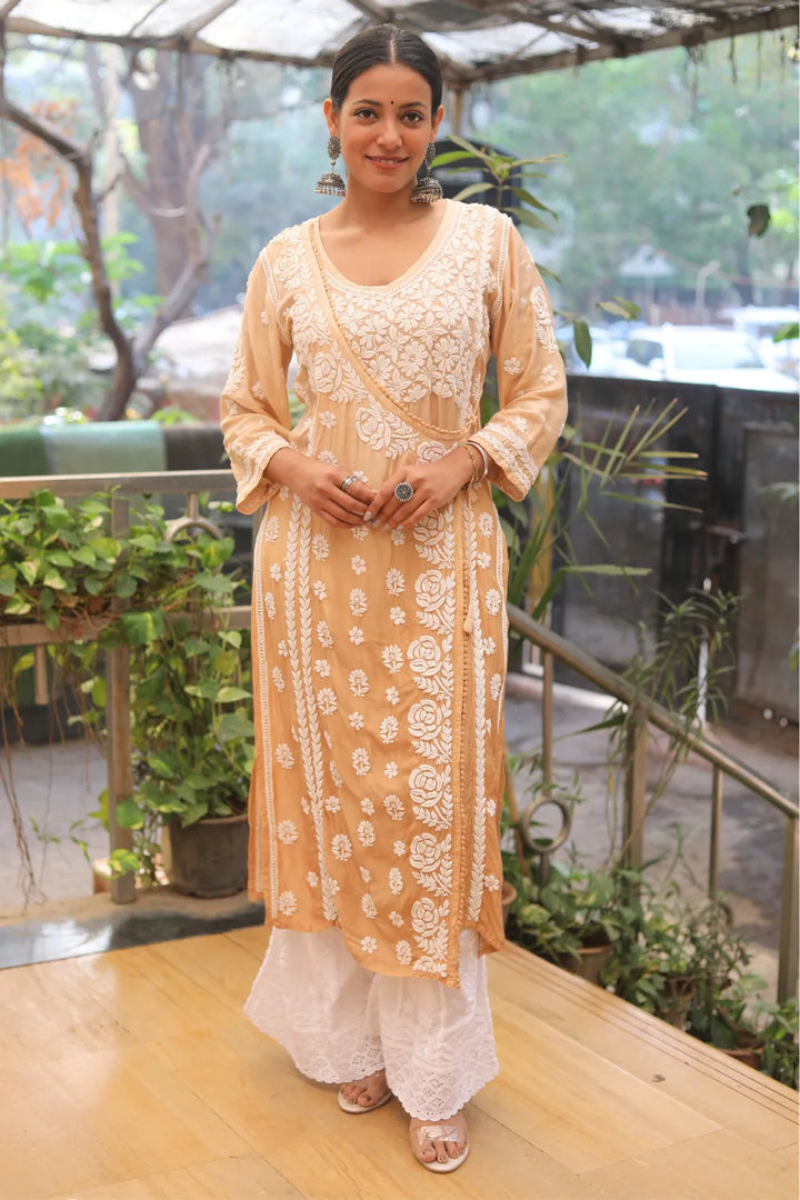 Aya Muslin 3D Chikankari Designer Angrakha Kurti