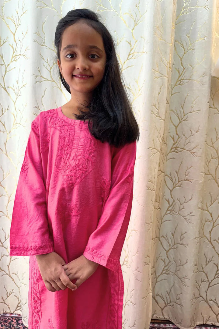 Iqra Kids Chanderi Chikankari Kurti Pant Set