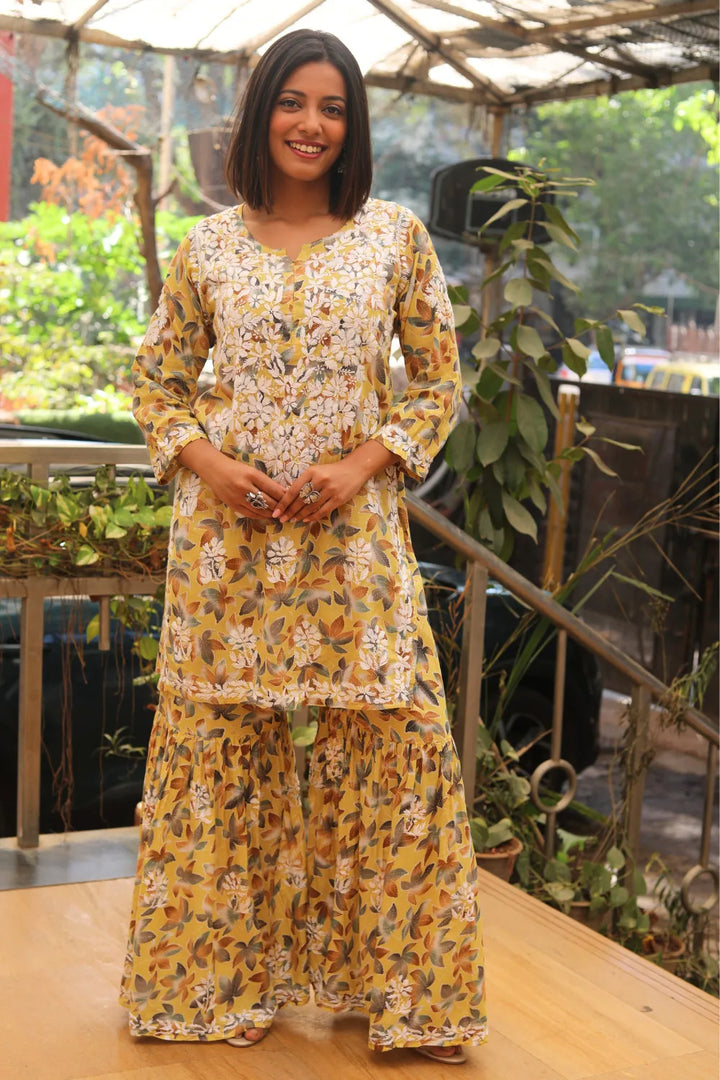 Rukhsaar Printed Mulmul Chikankari Gharara Set
