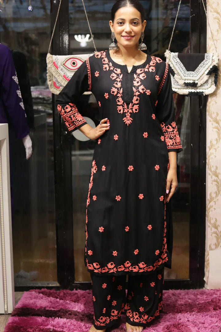 Habiba Rayon 3D Chikankari Designer Black Palazzo Set