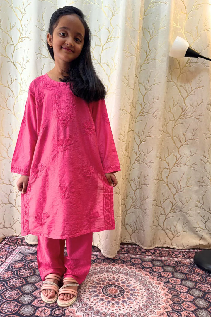 Iqra Kids Chanderi Chikankari Kurti Pant Set