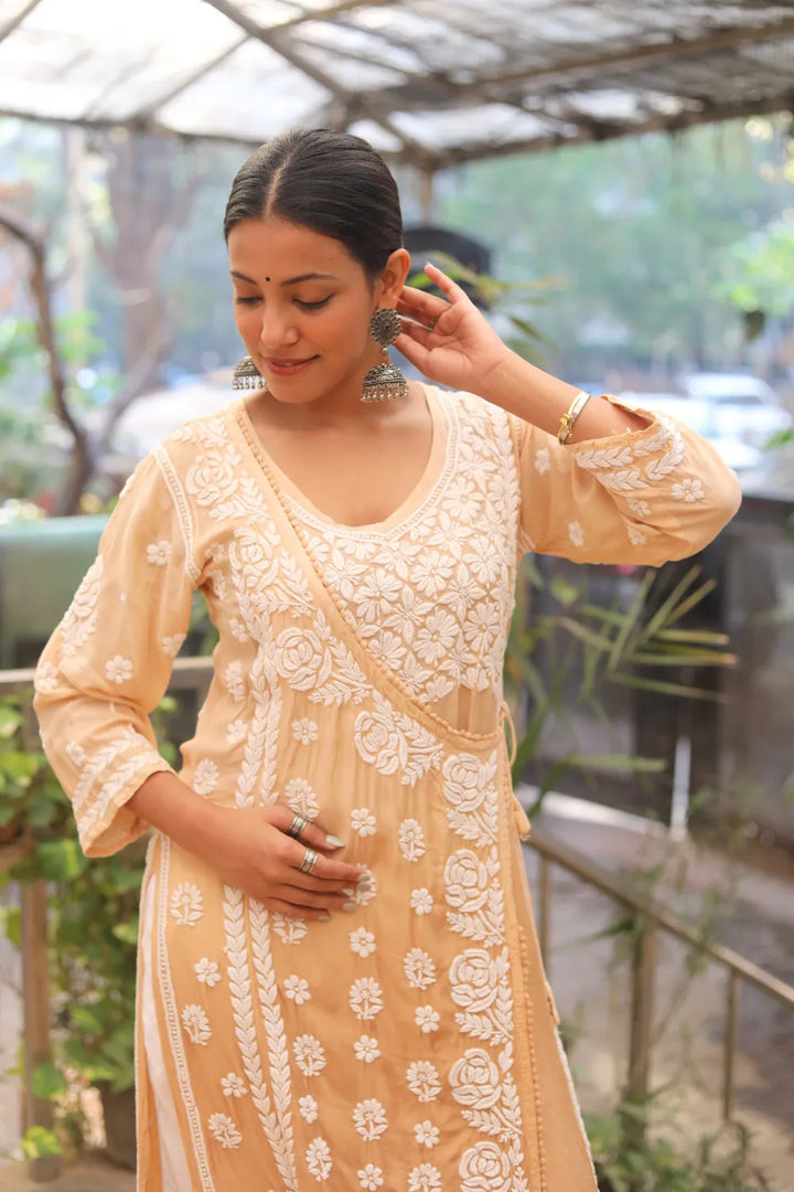 Aya Muslin 3D Chikankari Designer Angrakha Kurti