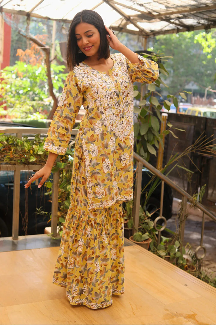 Rukhsaar Printed Mulmul Chikankari Gharara Set