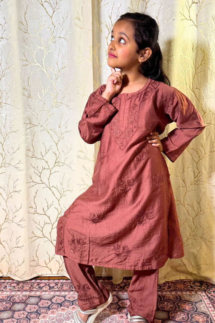 Iqra Kids Chanderi Chikankari Kurti Pant Set