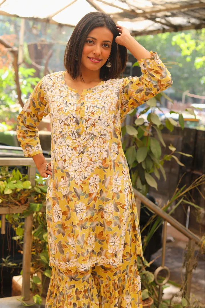 Rukhsaar Printed Mulmul Chikankari Gharara Set