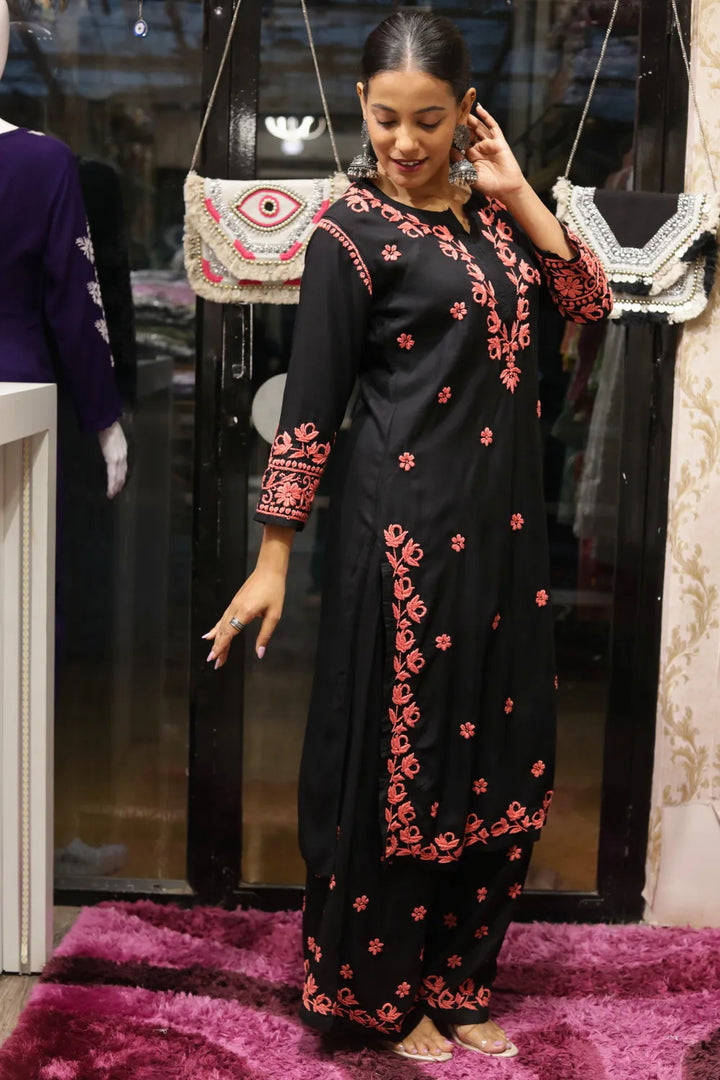 Habiba Rayon 3D Chikankari Designer Black Palazzo Set
