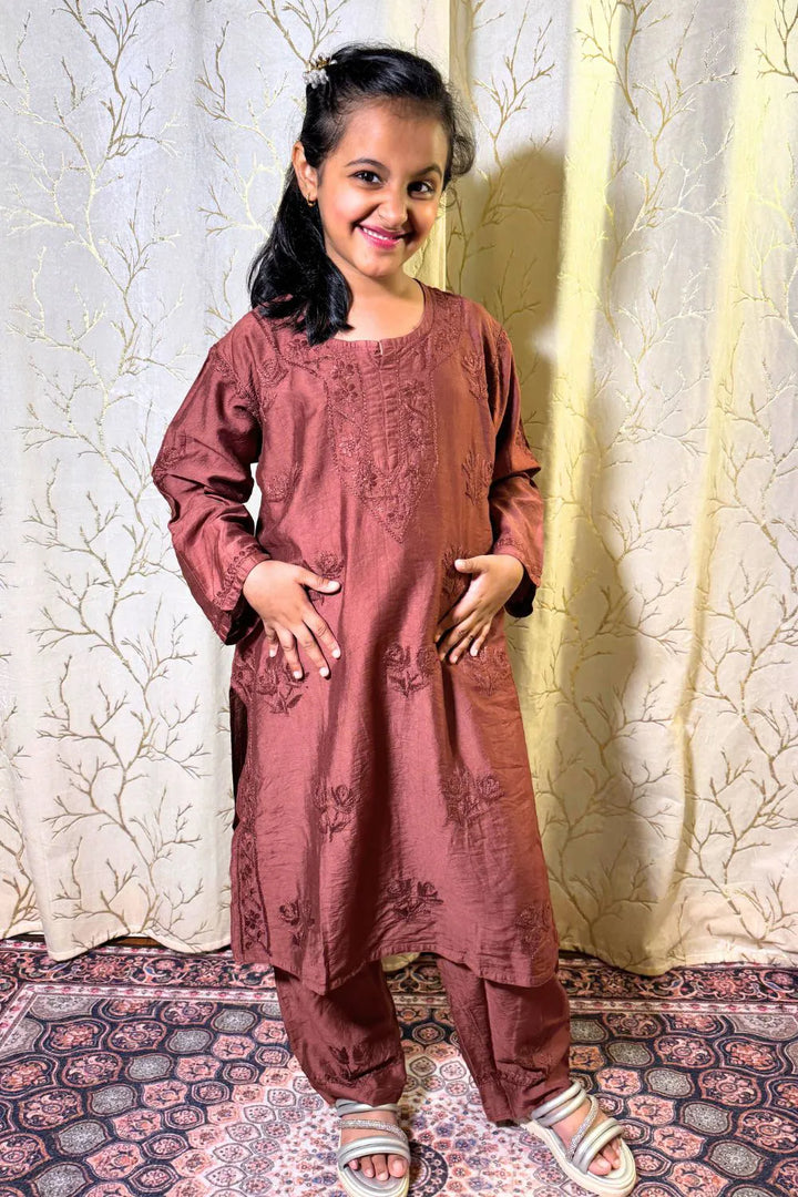 Iqra Kids Chanderi Chikankari Kurti Pant Set