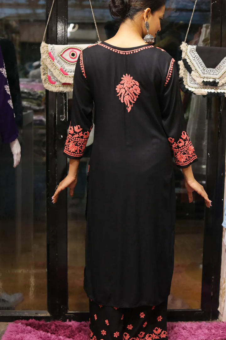 Habiba Rayon 3D Chikankari Designer Black Palazzo Set