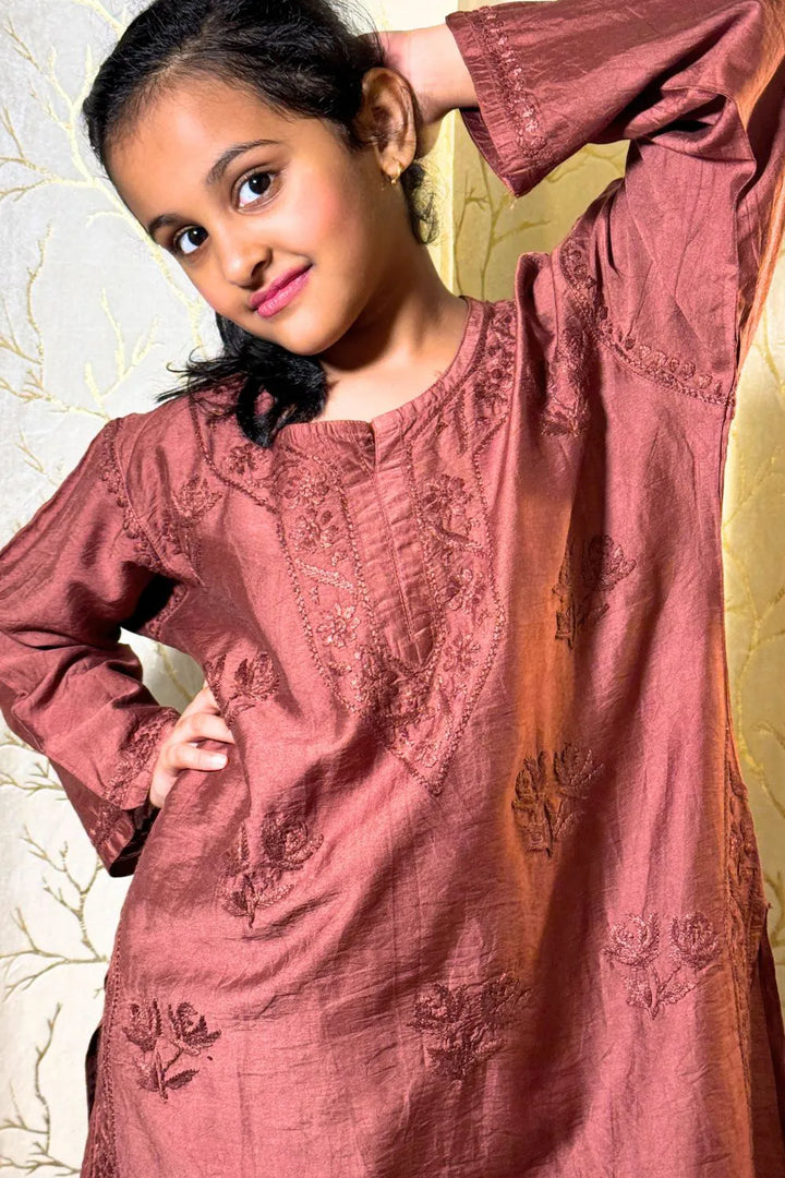 Iqra Kids Chanderi Chikankari Kurti Pant Set