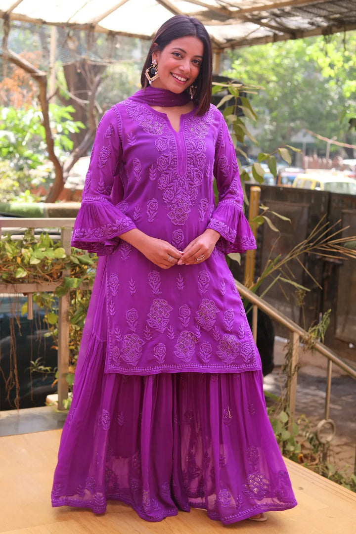 Zeenat Viscose 3D Chikankari Designer Gharara Set With Mukaish