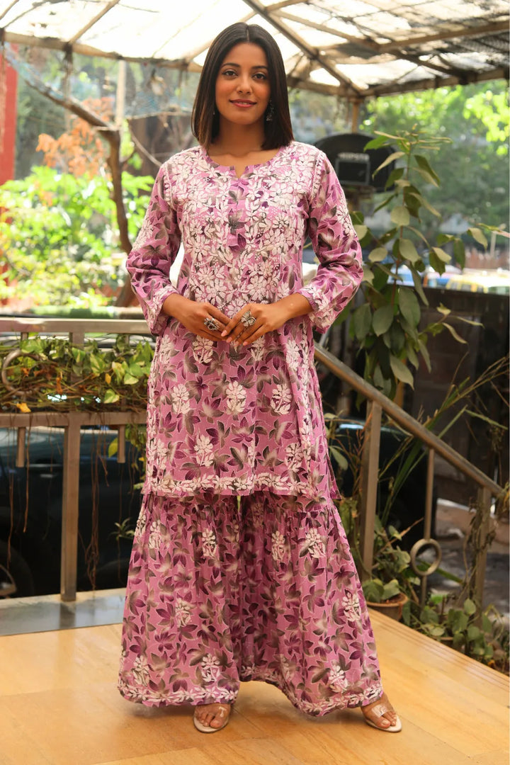 Rukhsaar Printed Mulmul Chikankari Gharara Set