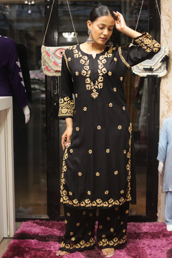 Habiba Rayon 3D Chikankari Designer Black Palazzo Set