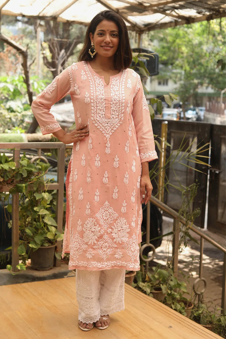 Afsha Chanderi Silk 3D Chikankari And Mukaish Kurti