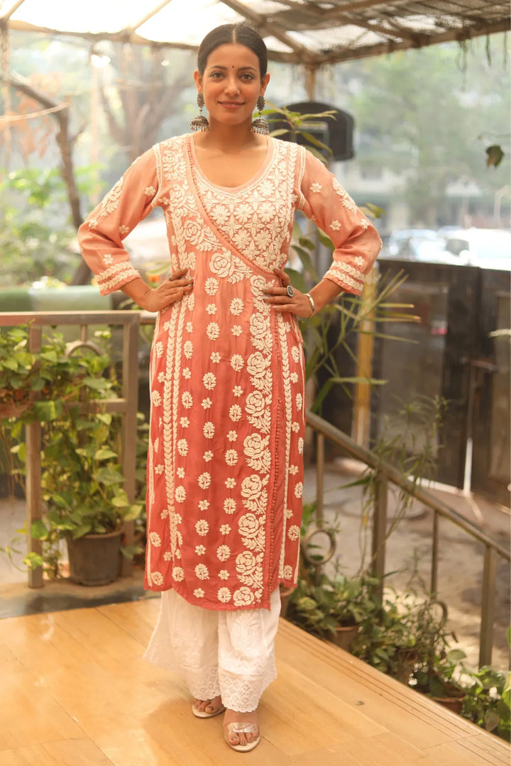 Aya Muslin 3D Chikankari Designer Angrakha Kurti