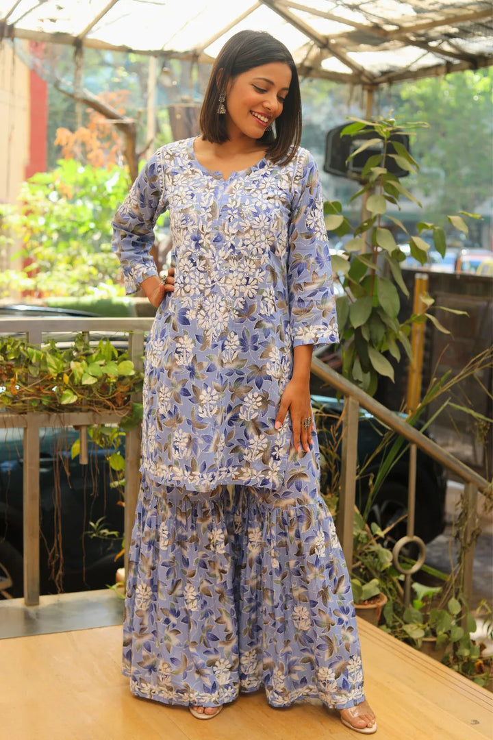Rukhsaar Printed Mulmul Chikankari Gharara Set