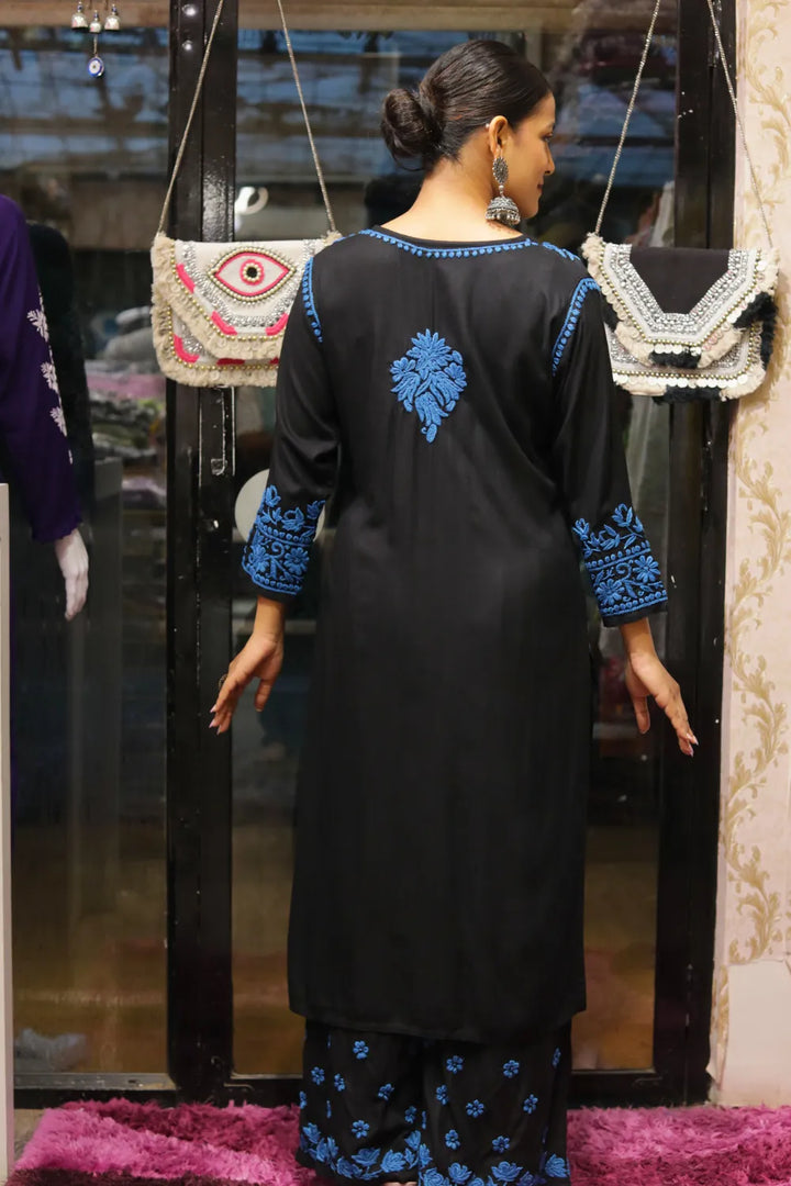 Habiba Rayon 3D Chikankari Designer Black Palazzo Set