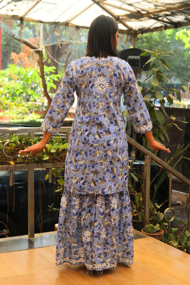 Rukhsaar Printed Mulmul Chikankari Gharara Set
