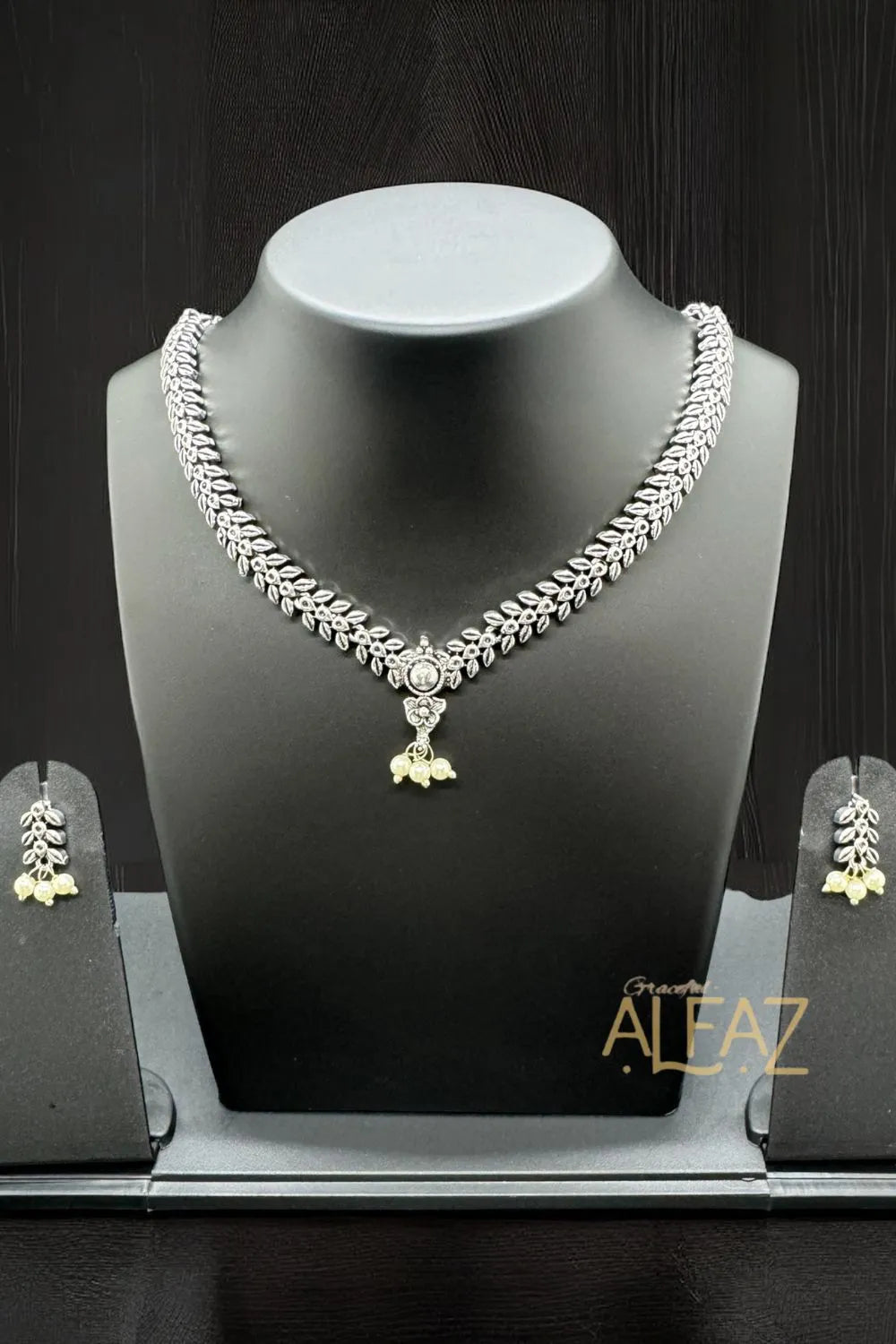 Soni Delicate Silver Oxidised Necklace With Earrings