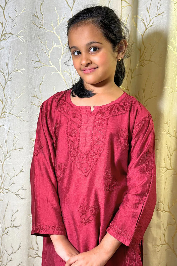 Iqra Kids Chanderi Chikankari Kurti Pant Set