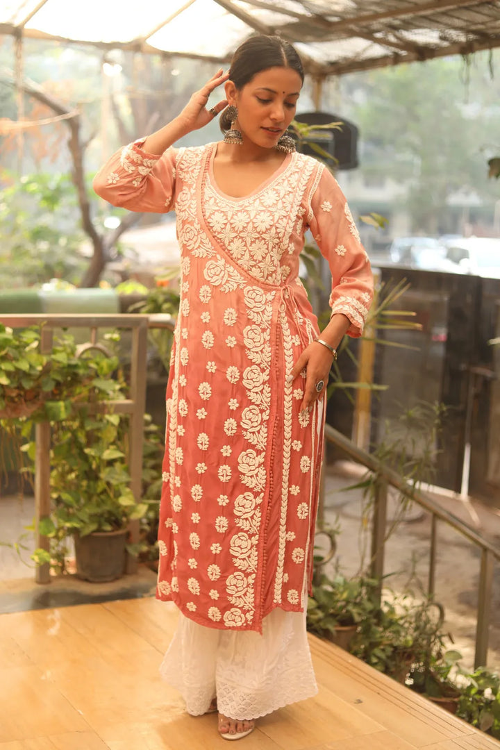 Aya Muslin 3D Chikankari Designer Angrakha Kurti