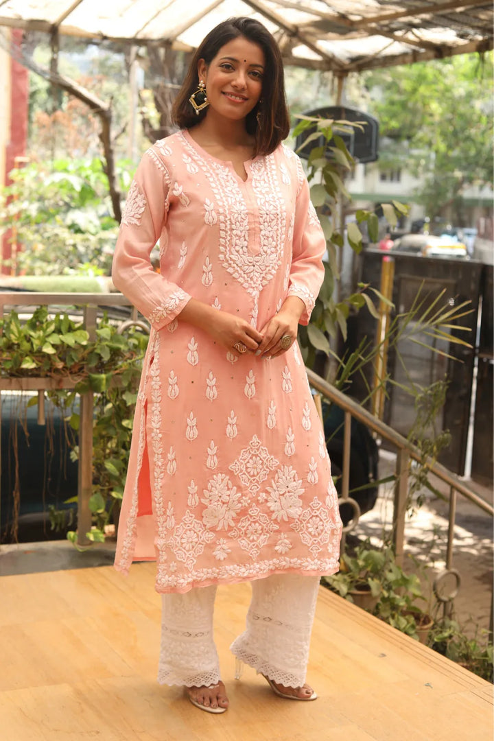 Afsha Chanderi Silk 3D Chikankari And Mukaish Kurti