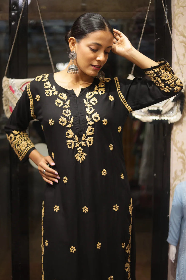 Habiba Rayon 3D Chikankari Designer Black Palazzo Set