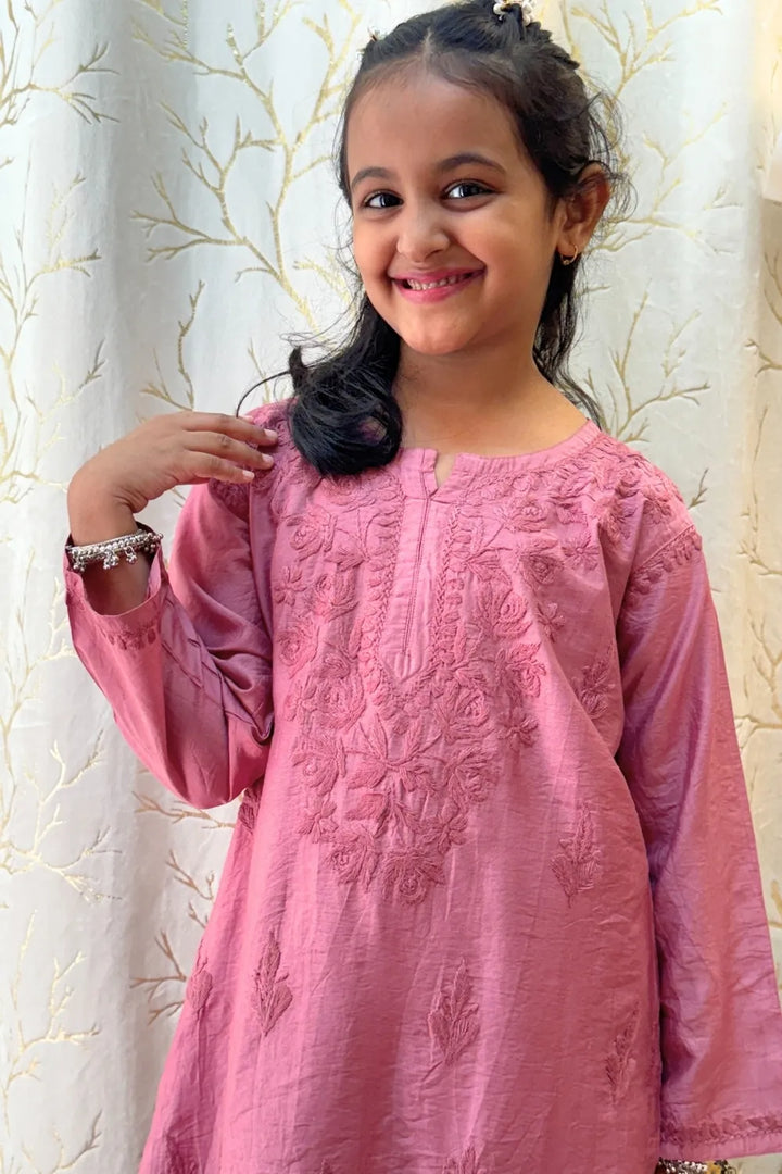 Alayna Kids Chanderi Chikankari Gharara Set