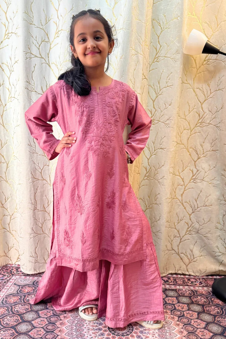 Alayna Kids Chanderi Chikankari Gharara Set