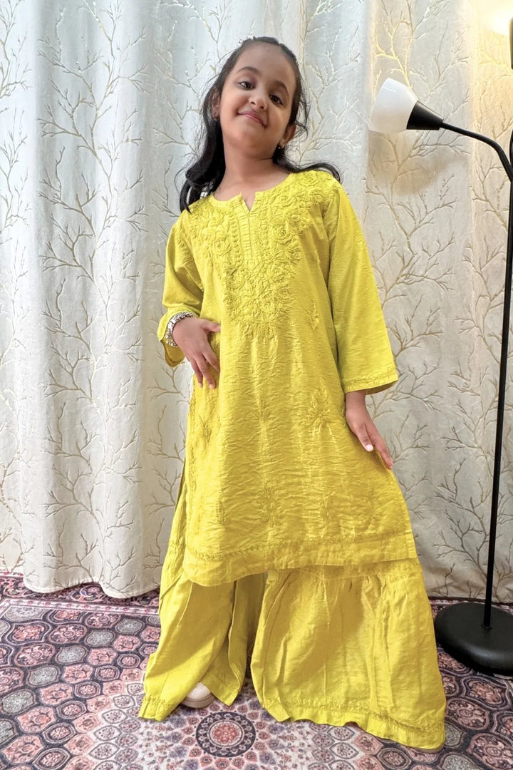 Alayna Kids Chanderi Chikankari Gharara Set