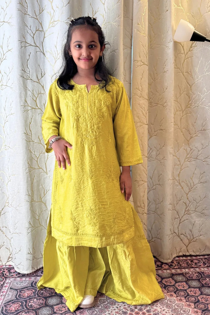 Alayna Kids Chanderi Chikankari Gharara Set